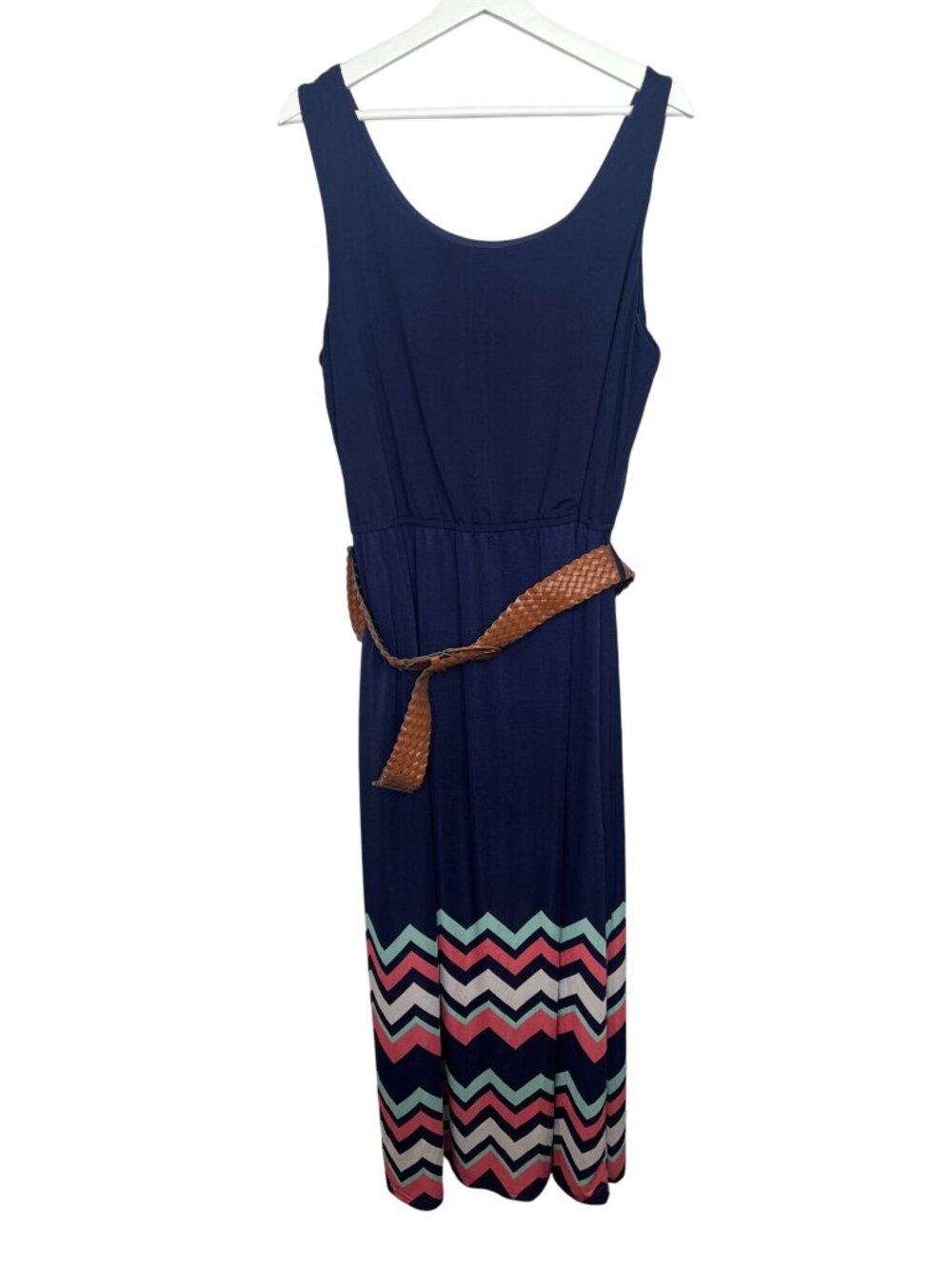 J for Justify Navy Maxi Dress Women 2X Sleeveless Chevron Hem Belted